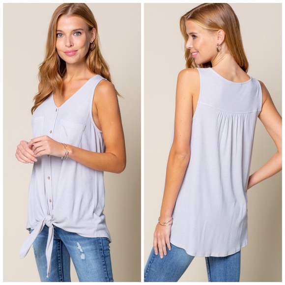 Tops - Summer Silver Gray Slinky Pocket Tank Button Top Sleeveless Henley Top